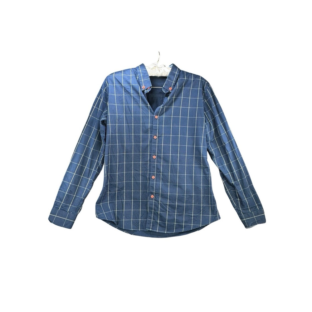 Men's Medium Navy Windowpane Button Down Shirt Orange Buttons Cotton